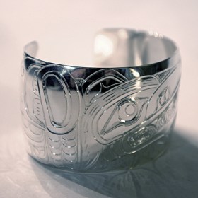 Silver 1.25 inch Native Raven and Frog Bracelet by William Cook