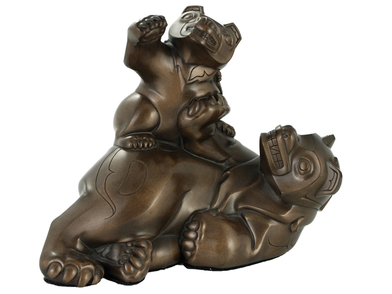 Bronze sculpture of Native Bear and her cub by BOMA