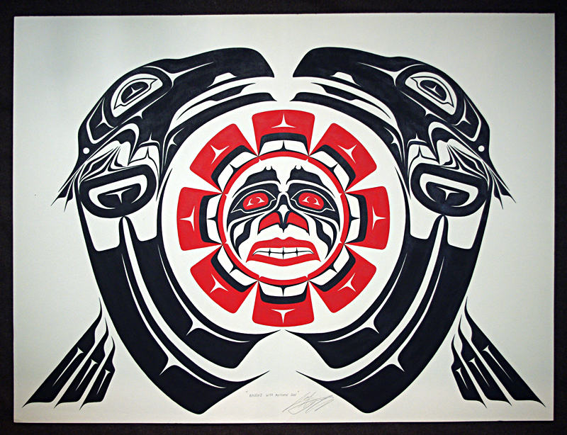 Native Northwest Artist Carl Stromquist Ravens with Autumn Sun original painting