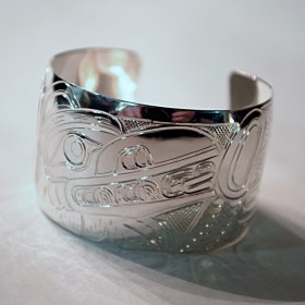 Silver 1.25 inch Native Raven and Frog Bracelet by William Cook
