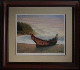 Spirit Healer Native Northwest Canoe resting on the beach of Haida Gwaii