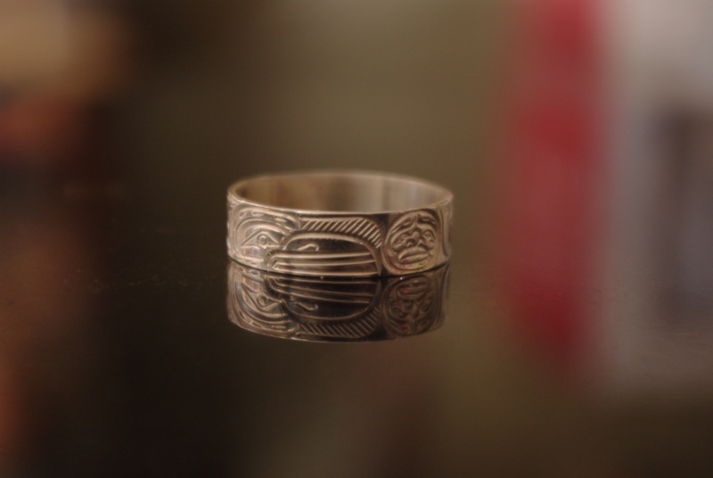 Hand Carved silver ring with Ravens and Moon by Northwest Coast artist William Cook